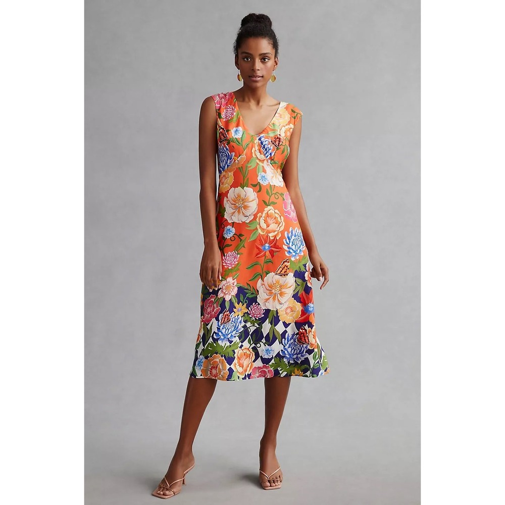 Anthropologie Painterly Open Back Midi Dress Orange 16W Floral Butterfly Print